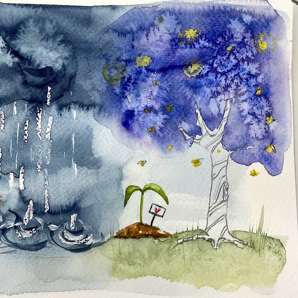 Aquarell - Ein Setzling mit einem Schild daneben auf dem ein Herz ist, ein lila Baum mit gelben Glühwürmchen