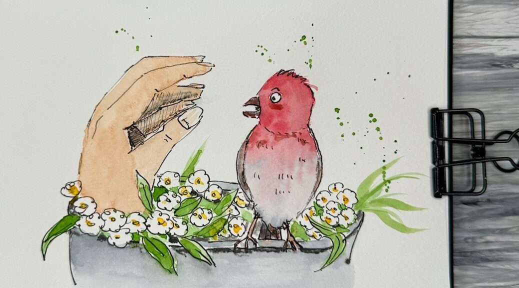 Illustration einer Hand und eines Vogels der ziemlich erschrocken auf die Hand schaut.